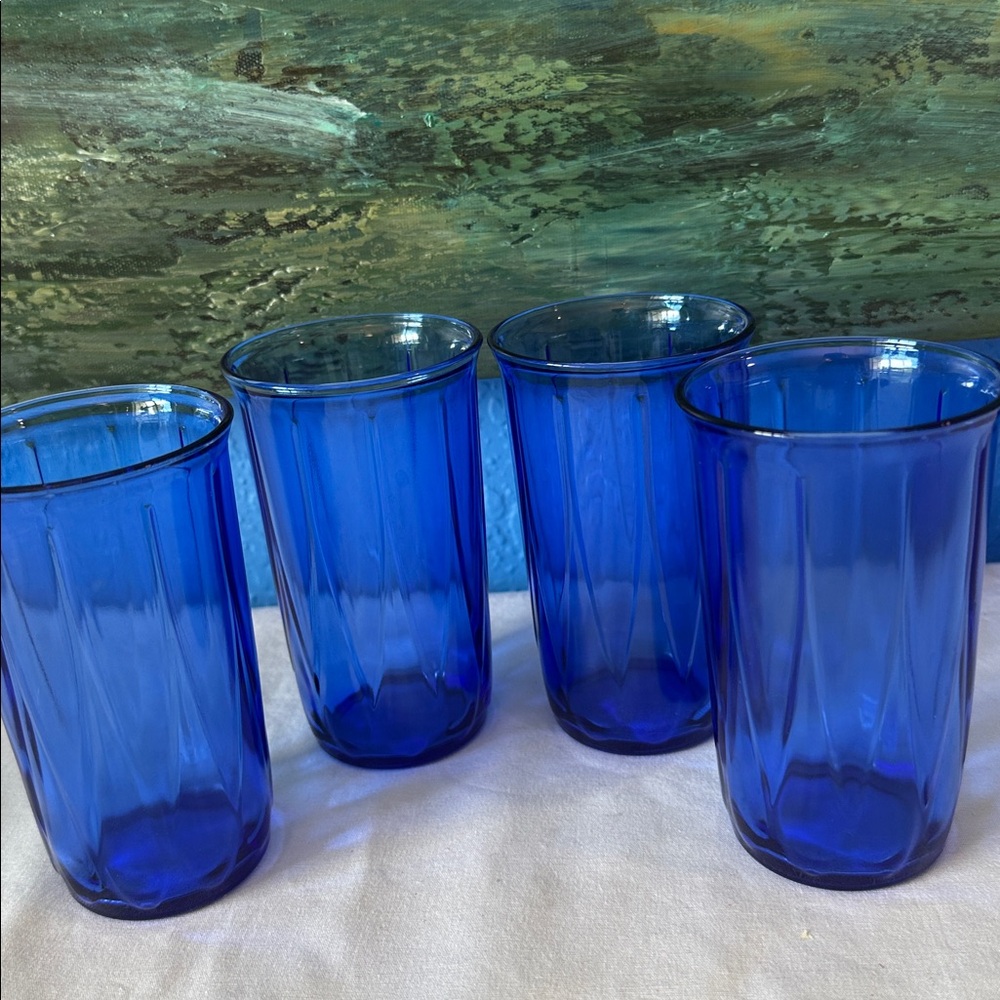 4 Vintage Cobalt Blue Hazel Atlas Newport Hairpin Flat Tumblers